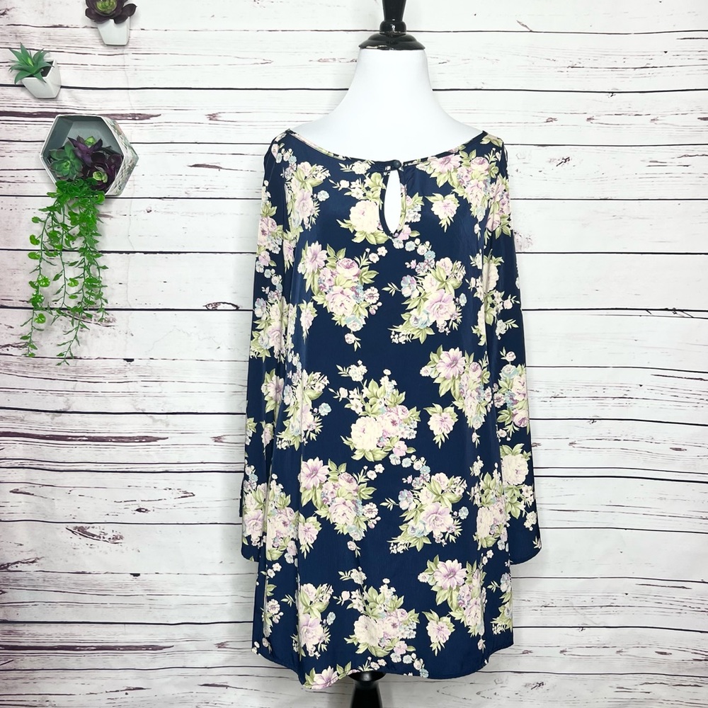 SAGE Navy Blue & Purple Floral Split Sleeve Dress Size Medium